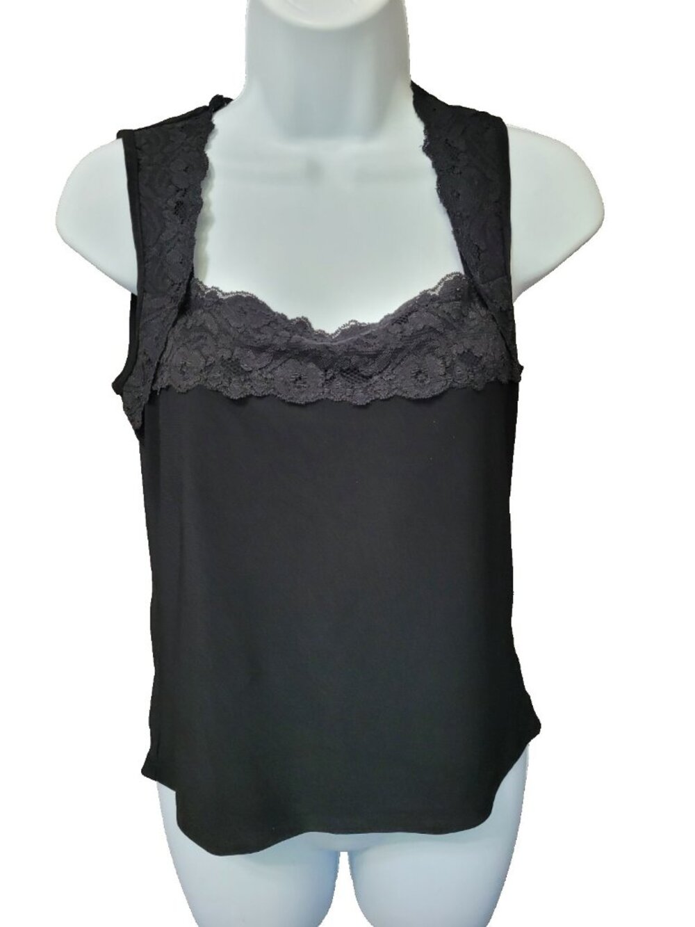 Susan Lawrence Y2K Black Tank Shell Cami Slinky Knit Top Womens S Lace Trim - Picture 2 of 12